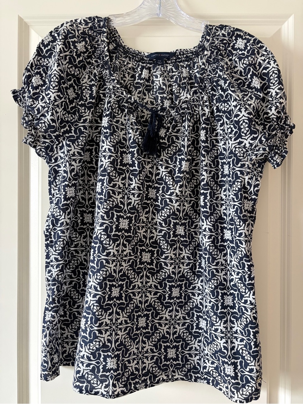 Tommy Hilfiger Navy and White Printed Peasant Blouse